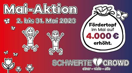 Mai-Aktion in der Schwerte Crowd Symbolbild mit Logo der Schwerte Crowd und ein Geldsack mit Hinweis auf den erhöhten Fördertopf in der Mai-Aktion