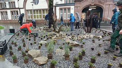 Auf dem Bild sind Mitglieder der ehrenamtlichen Bürgergruppe SCHWERTE PFLANZT zu sehen, wie sie die neuen Beete am Bahnhof Schwerte bepflanzen.
