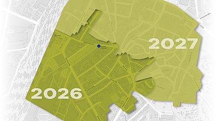 Eine Stadtkarte von Schwerte mit zwei grün markierten Stadtgebieten und den Zahlen 2026 und 2027.