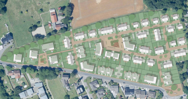 Farbige Bauskizze des geplanten Bebauungsplans Auf der Ostenheide