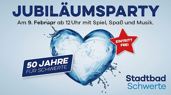 Jubiläumsparty am 9. Februar mit freiem Eintritt, 50 Jahre für Schwerte, Wasserherz-Symbol