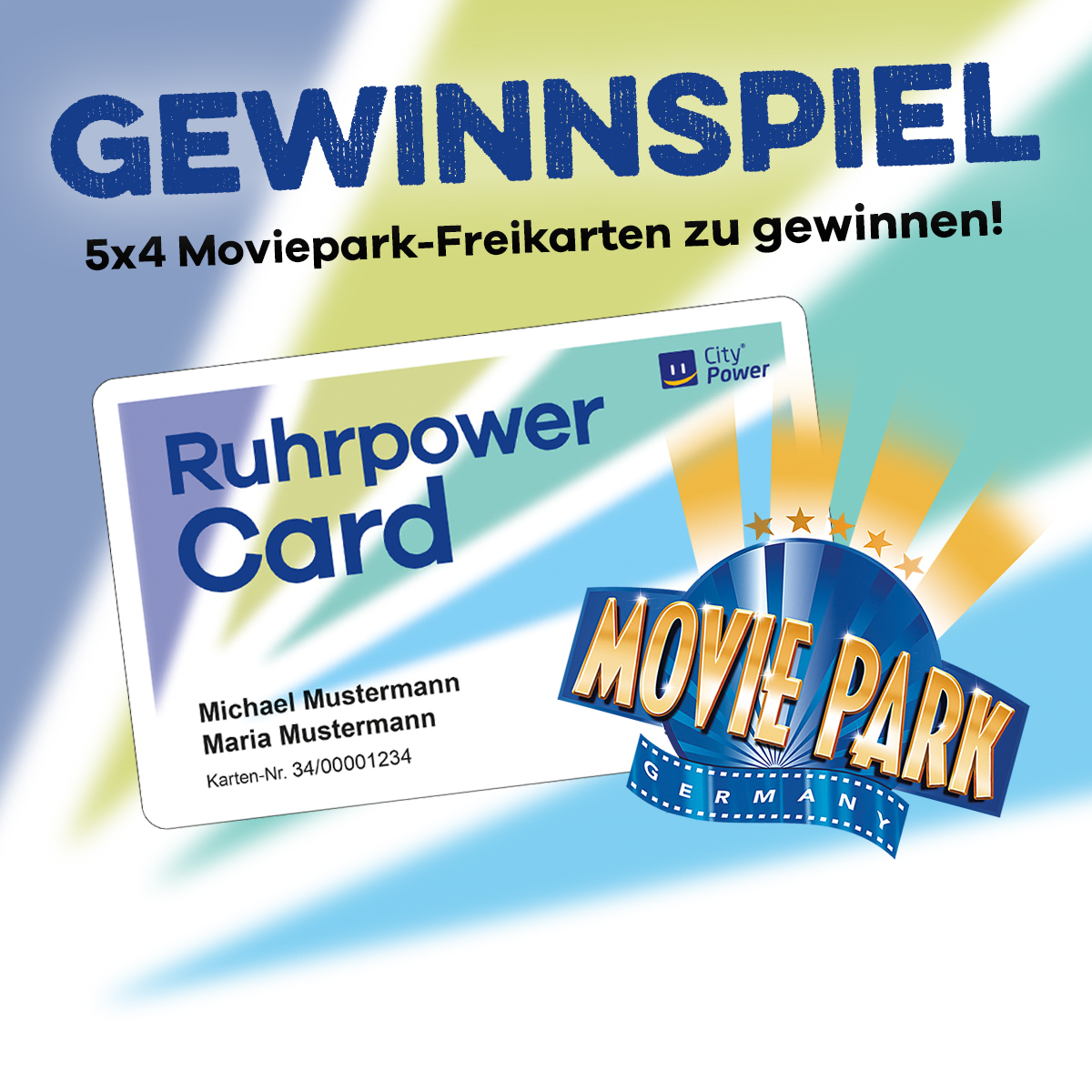 Gewinnspiel Movie Park 2023 Auf dieser Grafik ist die RuhrpowerCard abgebildet und das Wort Gewinnspiel sowie das Logo vom Movie Park