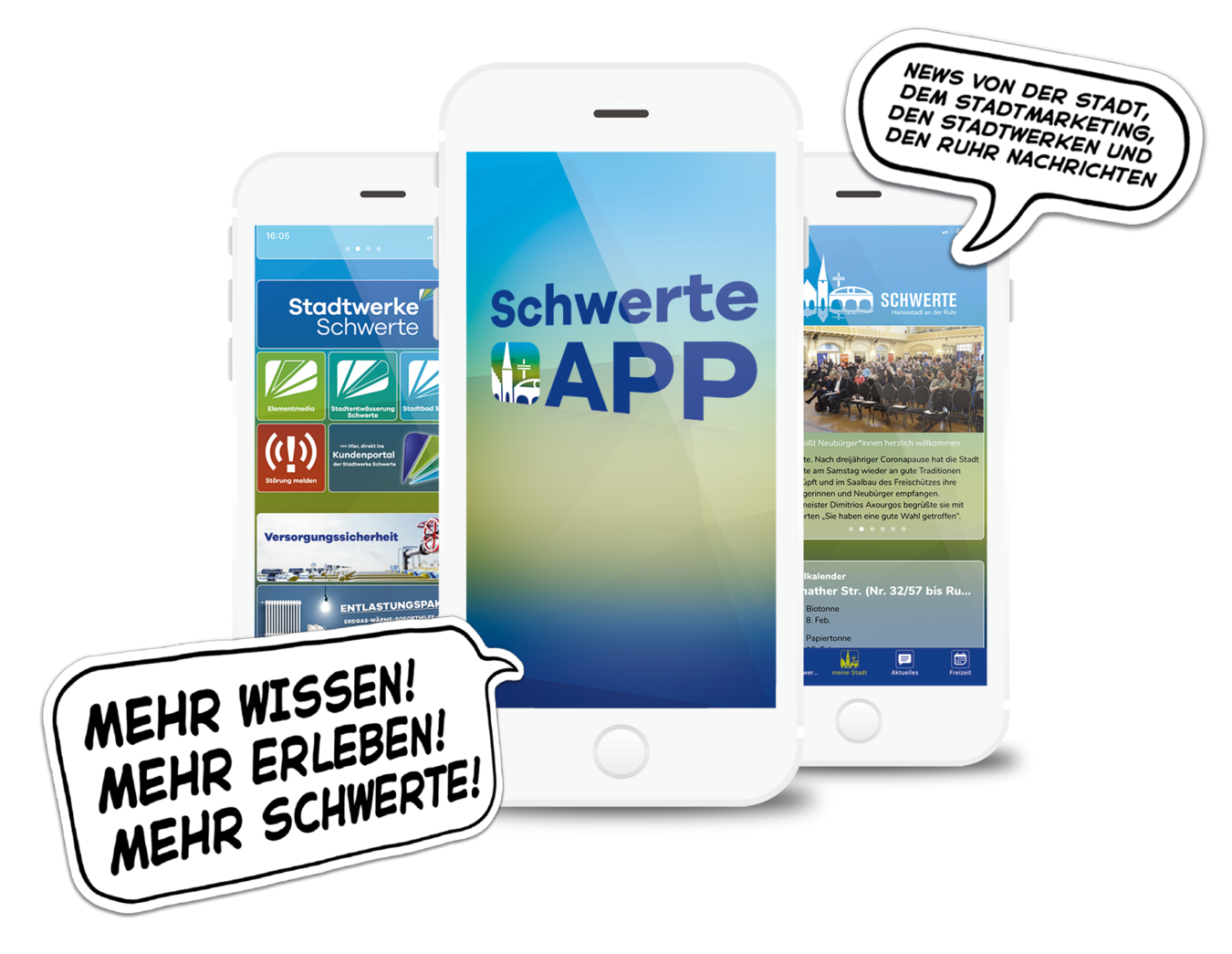 Drei Handydisplays zeigen die Inhalte der Schwerte APP