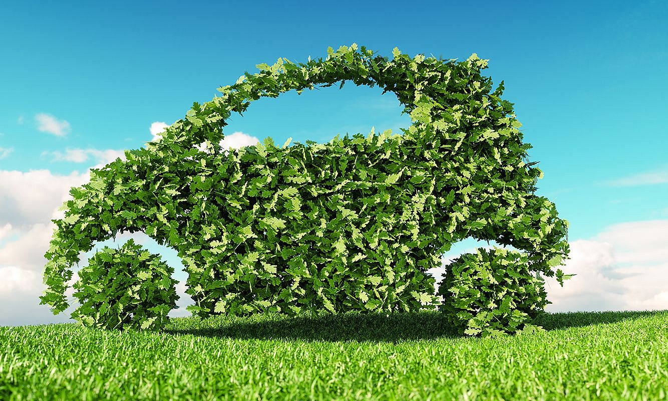 Ein Auto aus Blättern vor blauem Himmel als Symbolbild für die THG-Quote bei vollelektrischen Fahrzeugen.