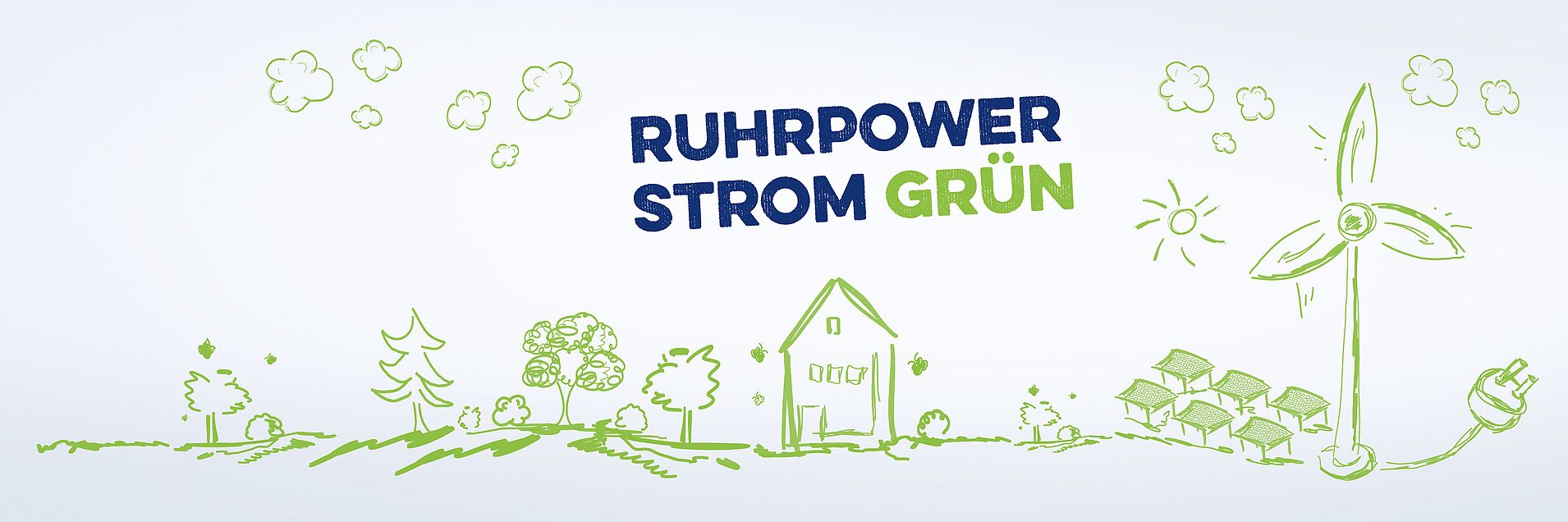 Karikatur in grün; gezeichnet ist eine Wiese, ein Haus, eine Photovoltaikanlage und ein Windrad als Symbolbild für den modernen Stromtarif Ruhrpower Strom Grün mit Ökostrom und Preisstabilität.