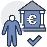 Ein Männchen steht vor einem Bankgebäude mit Euro-Zeichen als Symbolbild für den Zuschuss zur Altersvorsorge