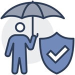 Ein Männchen hält einen Schirm, daneben ist ein Schutzsiegel mit einem Check-Haken als Symbolbild für arbeitgeberfinanzierte Absicherung