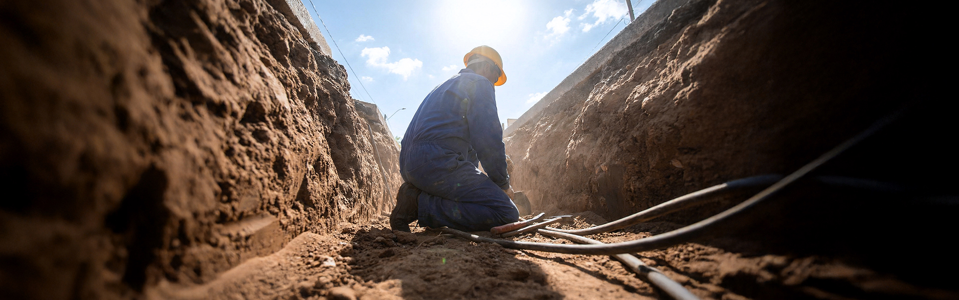 Ein Bauarbeiter sitz in einer grübe und verlegt Leitungen.
