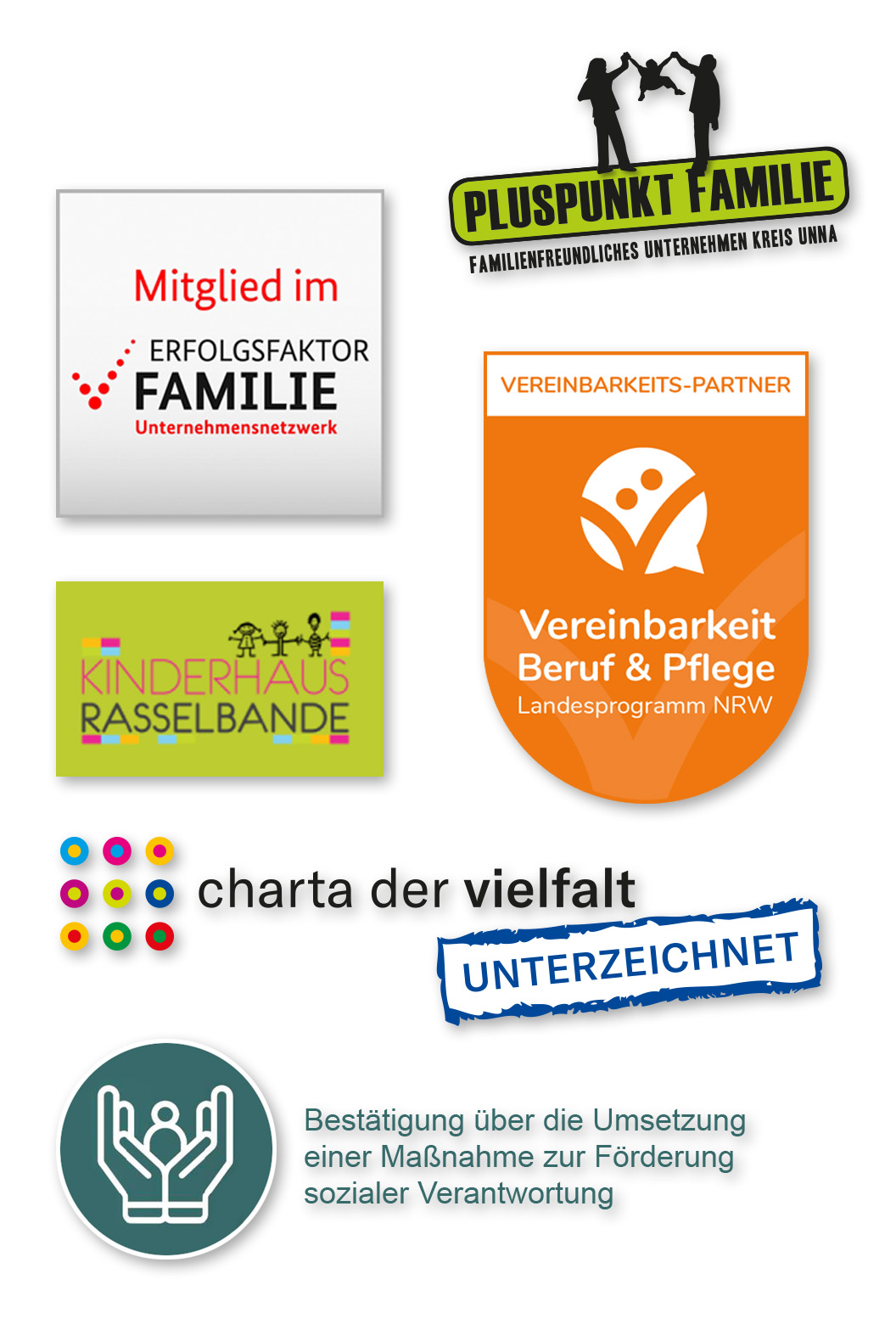 Logos und Siegel zur Charta der Vielfalt, Kinderhaus Rasselbande, Erfolgsfaktor Familie und Vereinbarkeit Beruf und Pflege