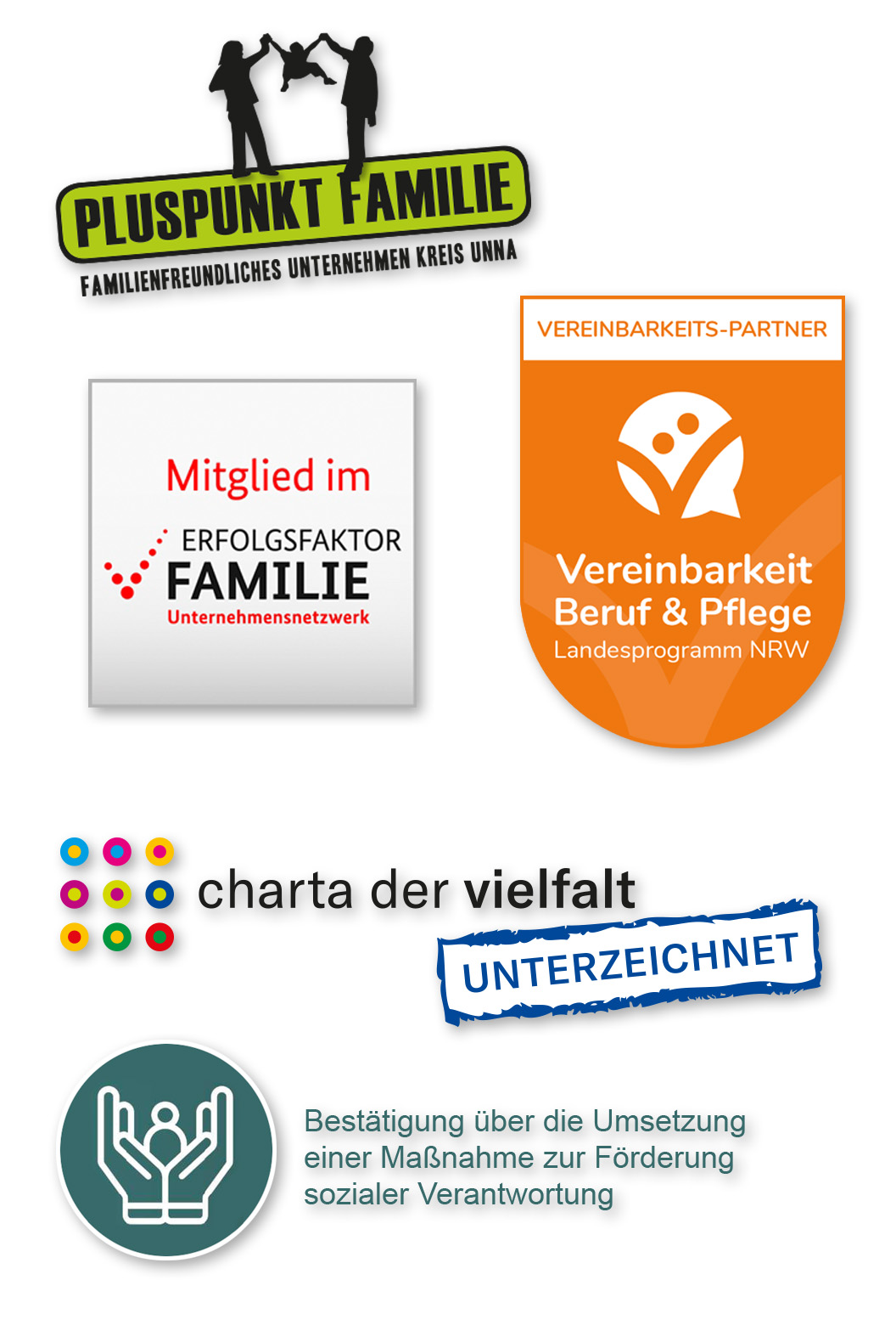 Unser Engagement als Arbeitgeber Logos und Siegel zur Charta der Vielfalt, Kinderhaus Rasselbande, Erfolgsfaktor Familie und Vereinbarkeit Beruf und Pflege