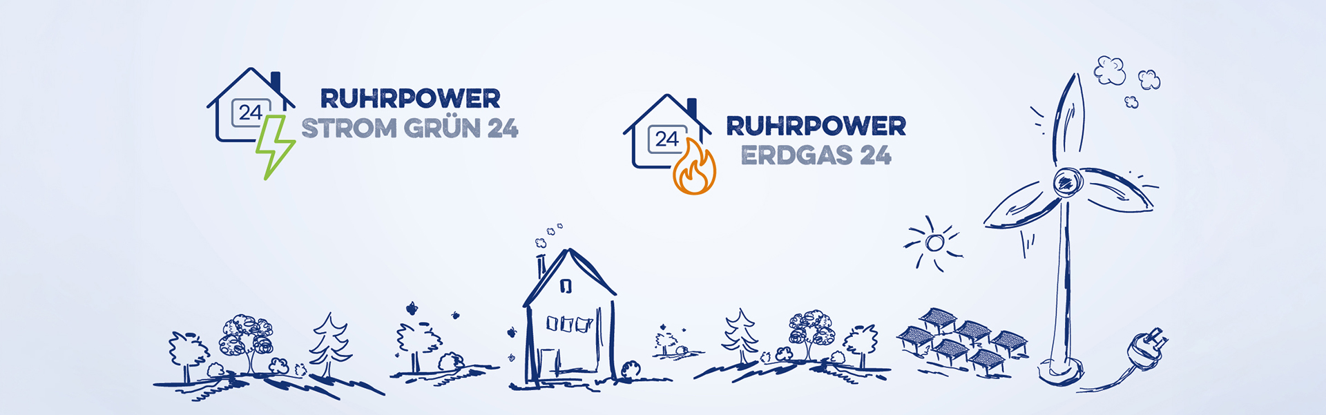 Eine gezeichnet Skizze mit Bäumen, Häusern und einem Windrad als Symbolbild für den Preistarif Ruhrpower Strom 24