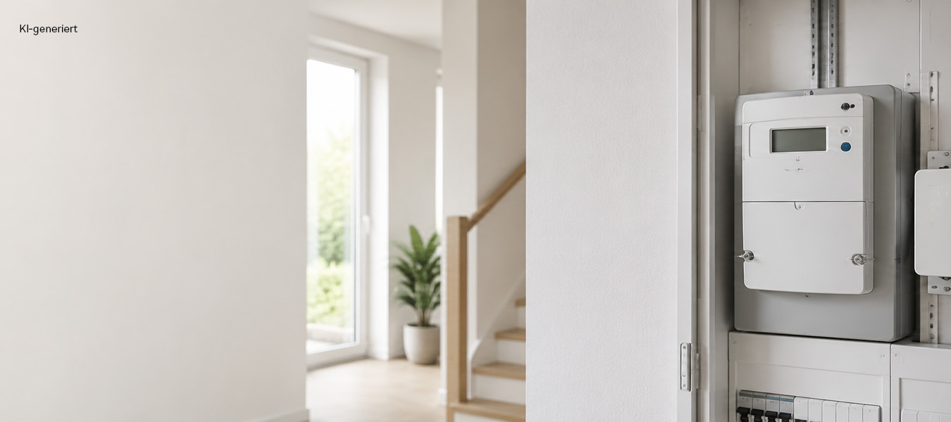 Ein heller Hauswirtschaftsraum in einer modernen Wohnung. An der Wand hängt ein Smart Meter und ein Stromzähler.